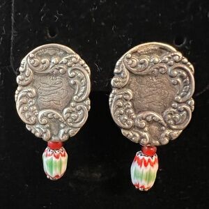 Antique sterling silver luggage tag earrings with dangling glass beads